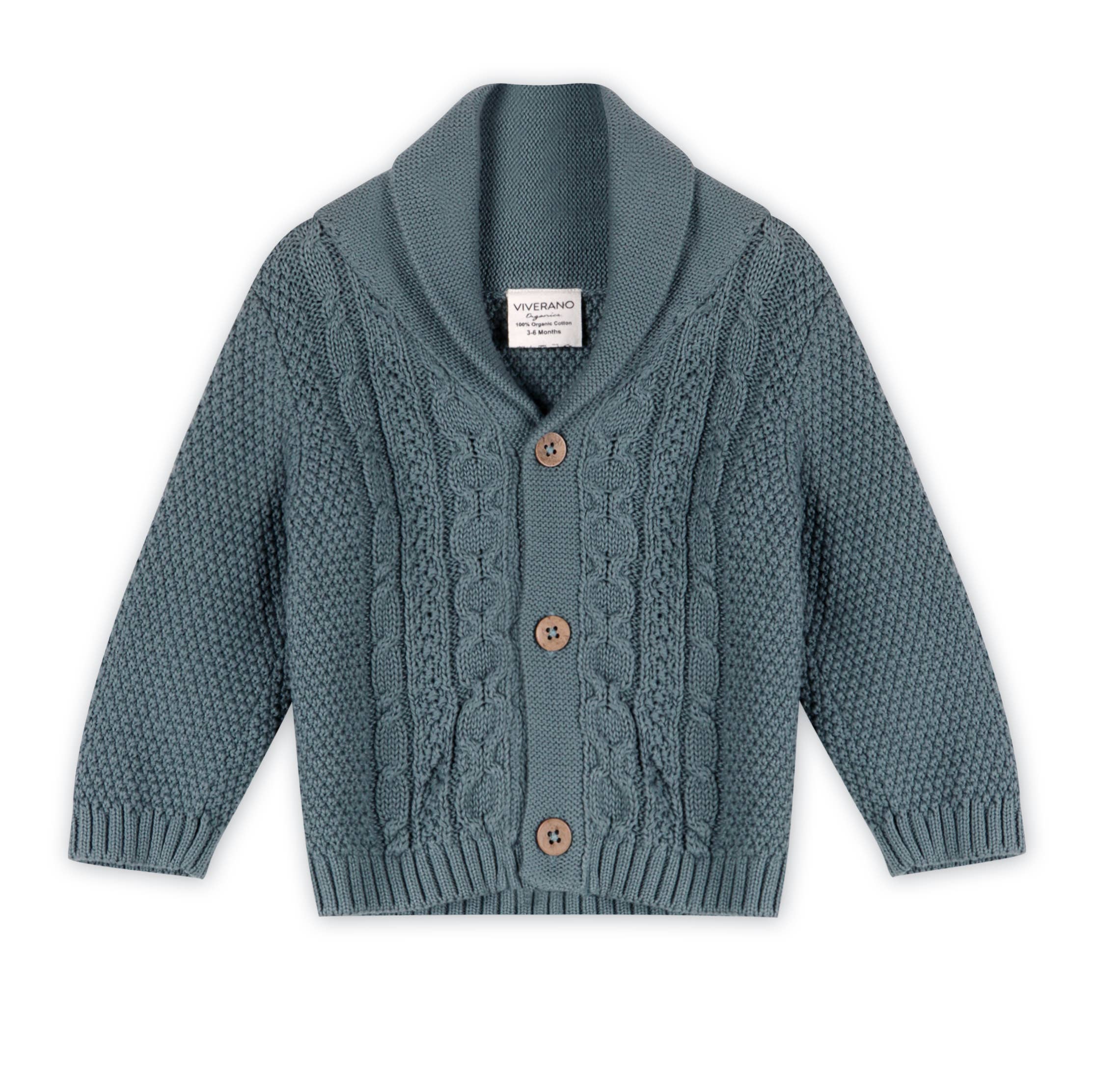 Shawl Collar Cable Knit Baby Cardigan Sweater Organic Cotton: Teal Blue