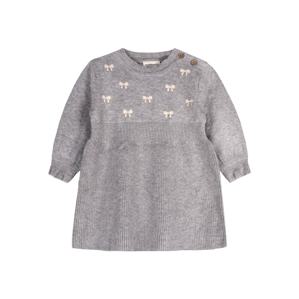 Emma Bow Balloon Sleeve Sweater Knit Baby Dress - Organic: Heather Grey