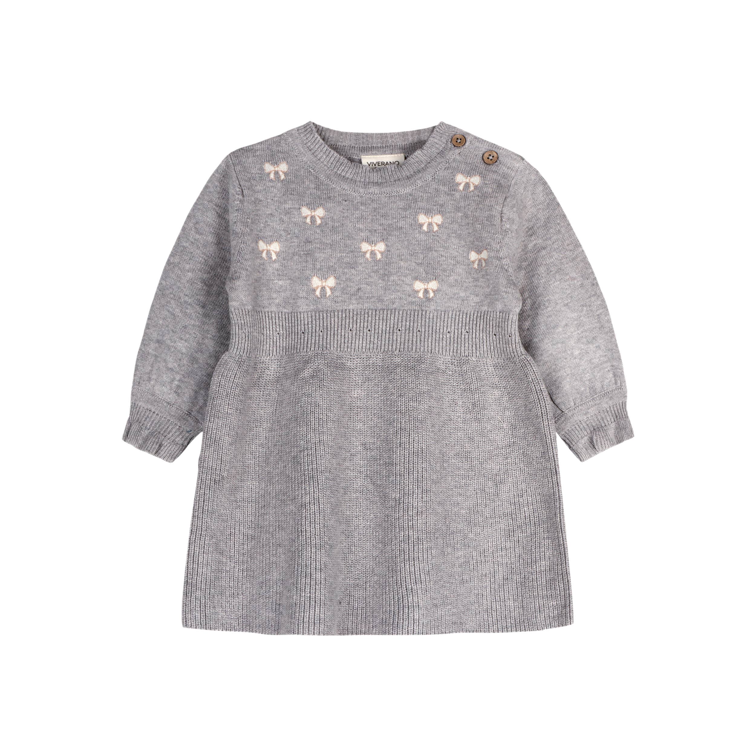 Emma Bow Balloon Sleeve Sweater Knit Baby Dress - Organic: Heather Grey