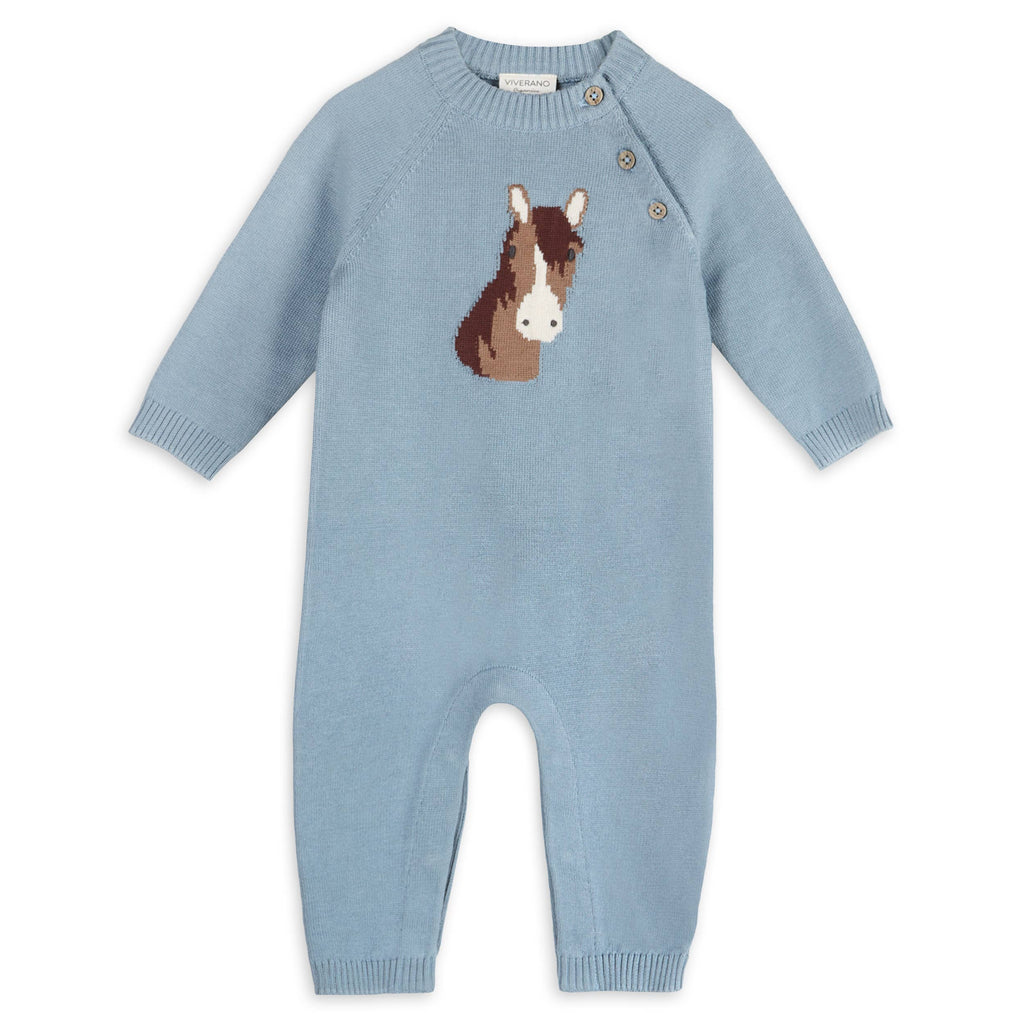 Horse Face Organic Cotton Jacquard Knit Baby Jumpsuit: Mineral Blue