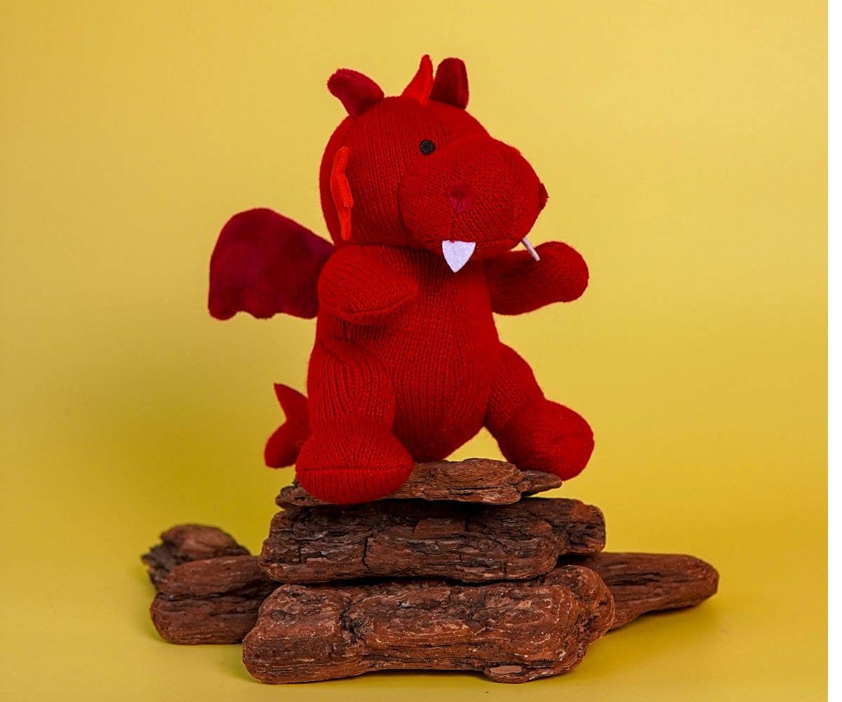 Knitted T Rex Dragon Baby Rattle Red