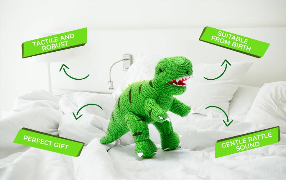 Knitted T Rex Dinosaur Baby Rattle Green