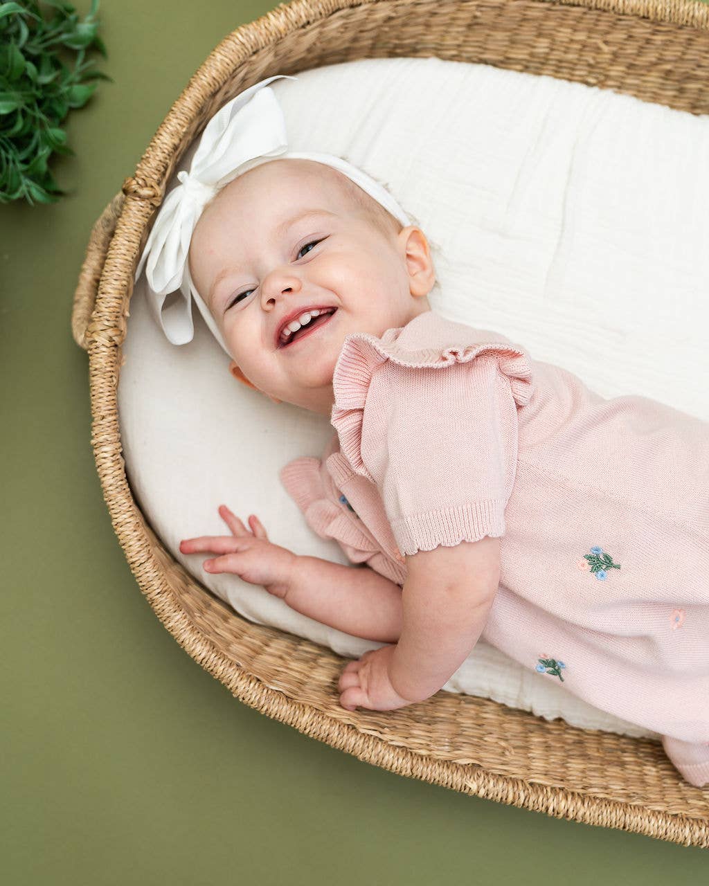Floral Embroidered Organic Short Sleeve Ruffle Dress Baby Pink