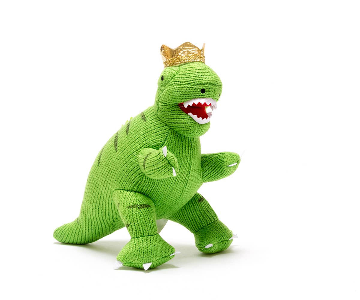 Knitted King T Rex Dinosaur with Crown Green Plush Toy