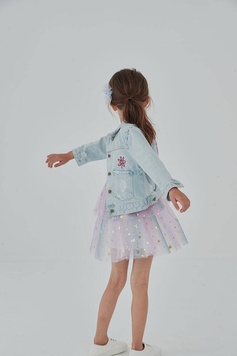 Patched Denim Jacket - Collared Neckline: Mermaid
