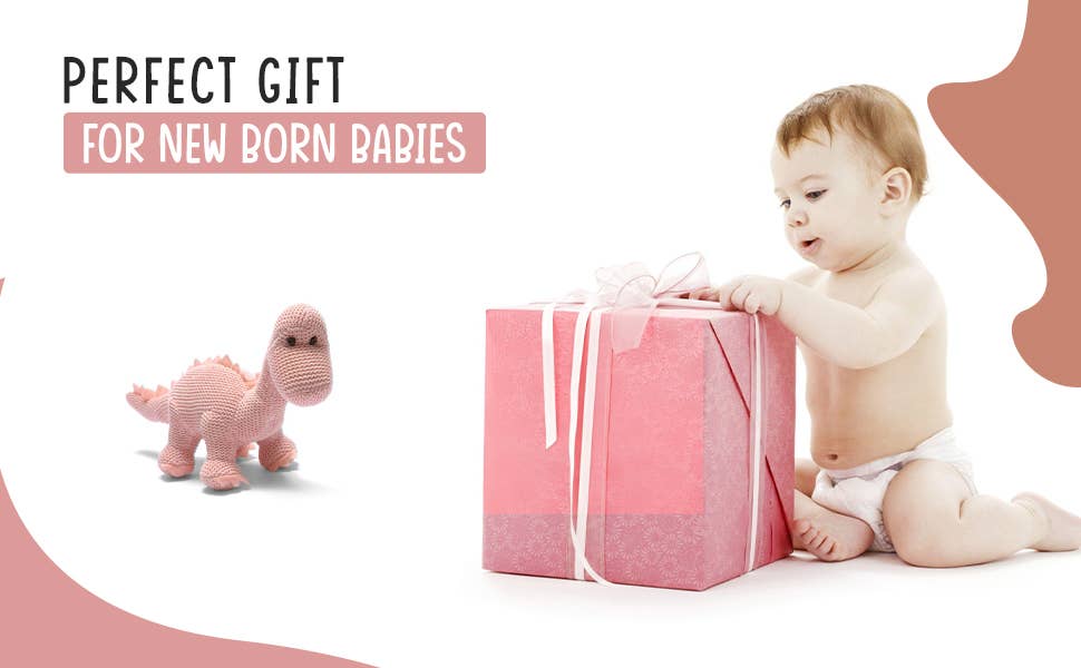 Hochet dinosaure diplodocus rose en coton biologique tricoté