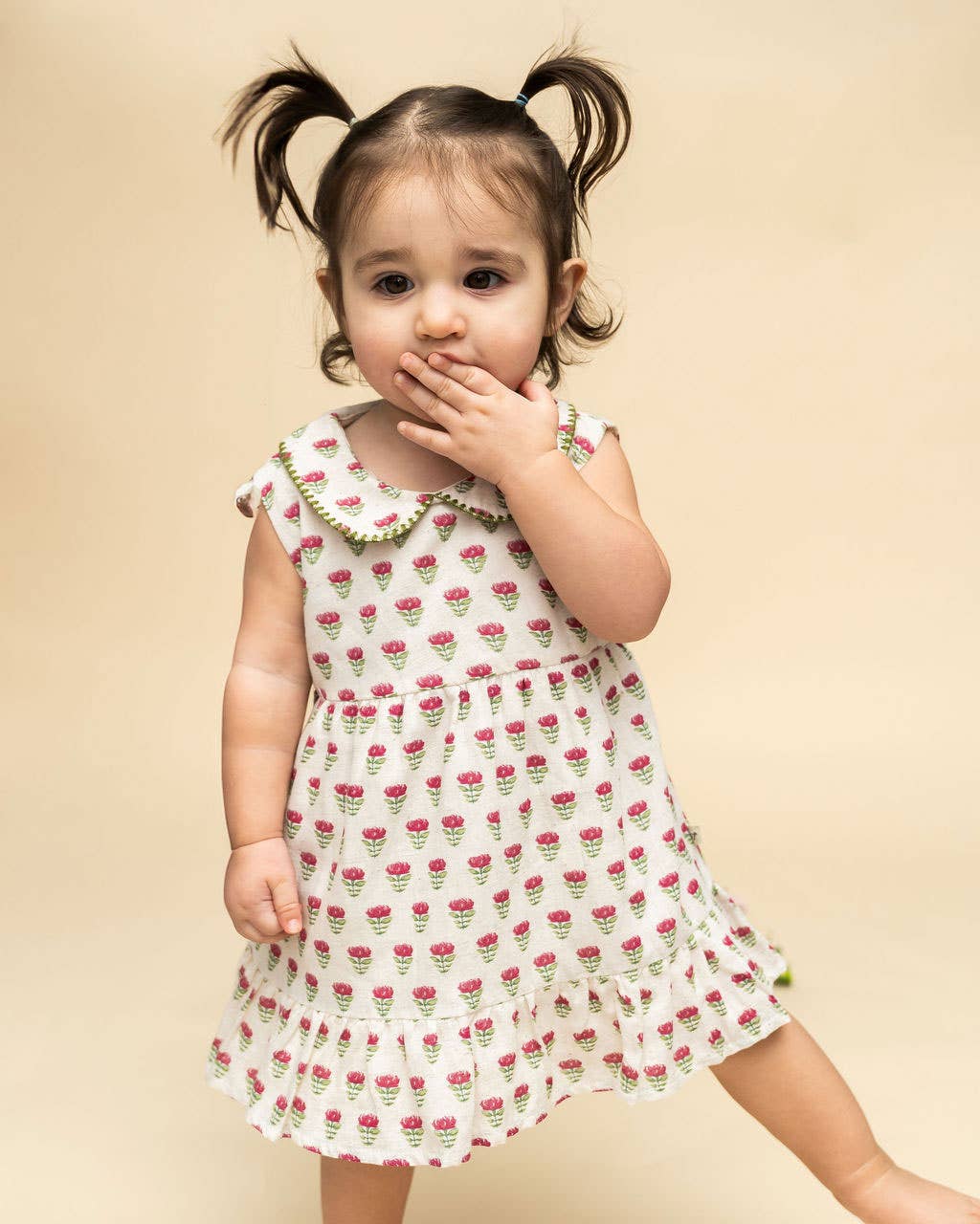 Mia Block Print Floral Baby Dress + Bloomer Linen Blend
