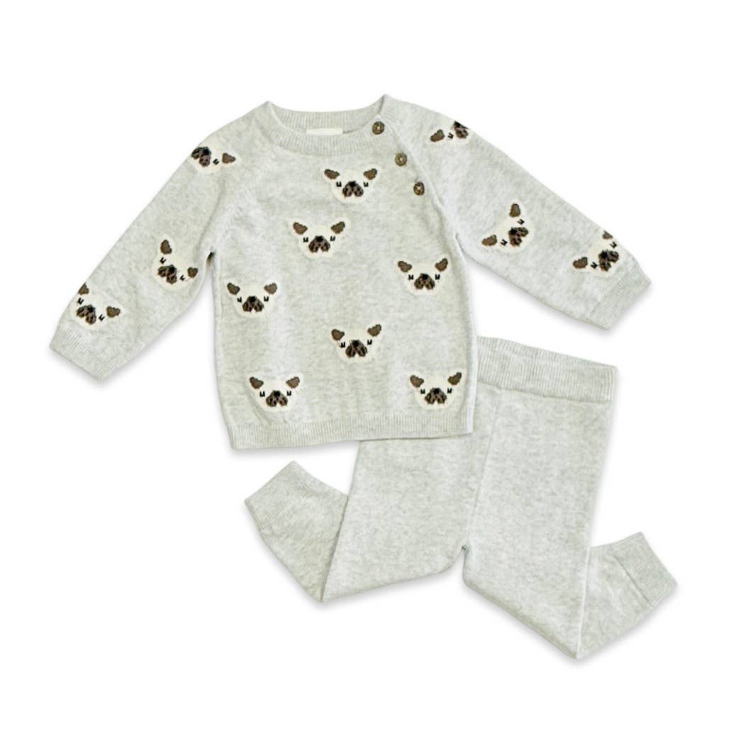 Frenchie Puppy Jacquard Knit Baby Set Organic: Pearl Grey Heather