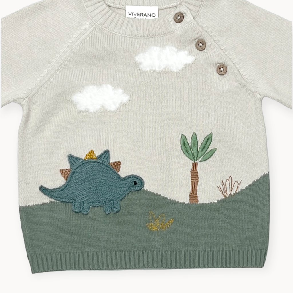 Dino Applique Button Baby Pullover Sweater Organic Cotton