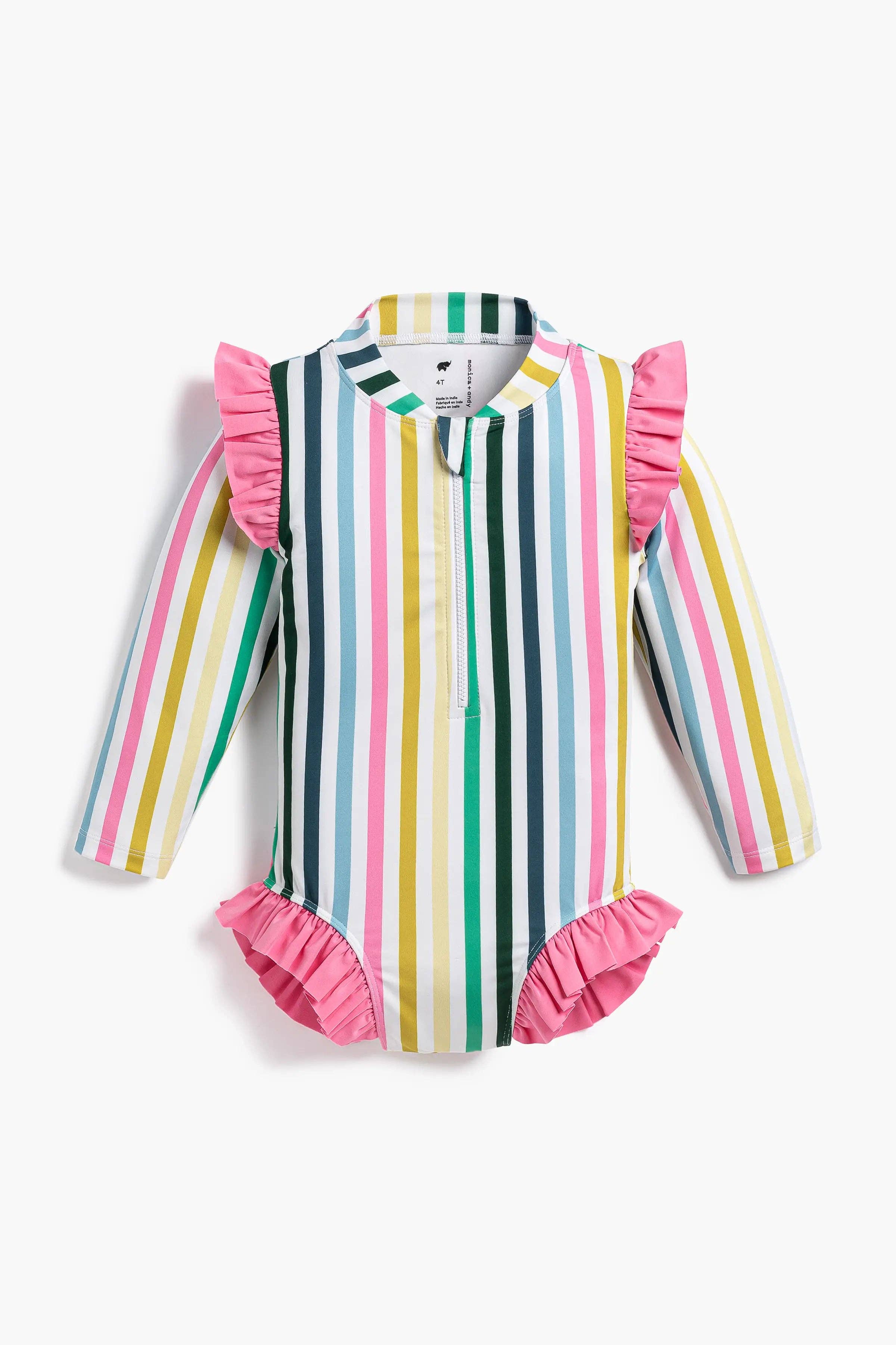 Ruffle Rashguard One-Piece Swimsuit Summer Stripe