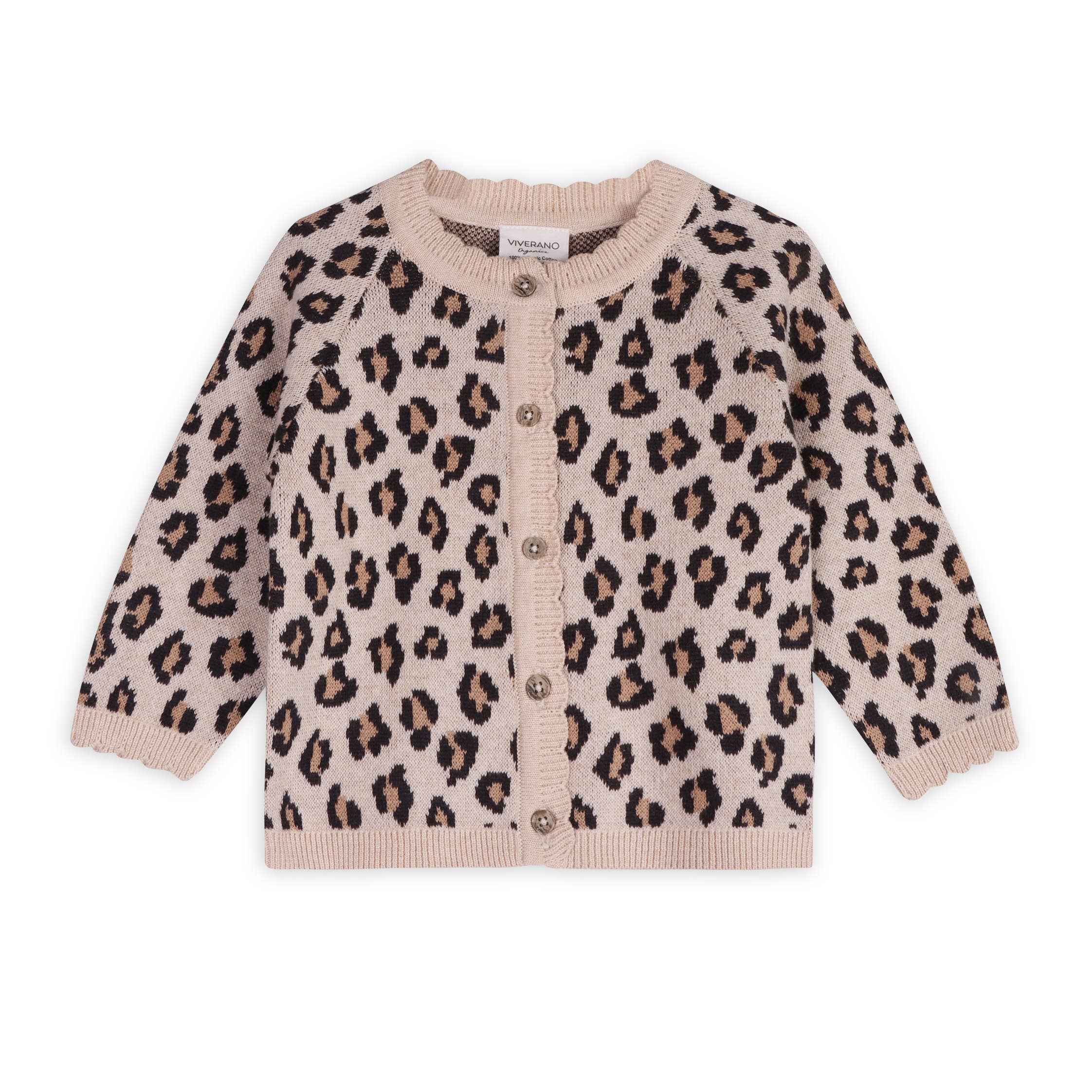 Leopard Jacquard Sweater Knit Baby Cardigan Organic Cotton Oatmeal Heather