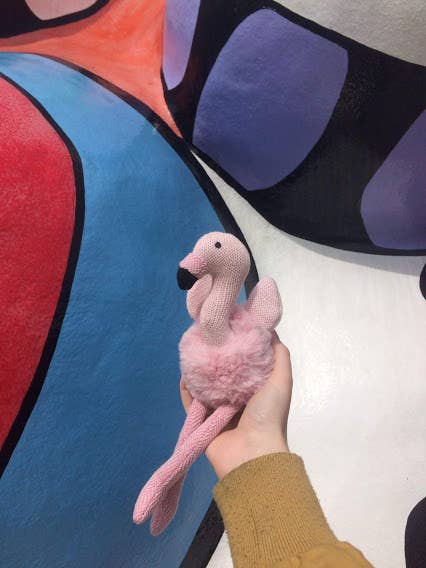 Pink Flamingo Baby Rattle, Knitted, Plush and Tweed