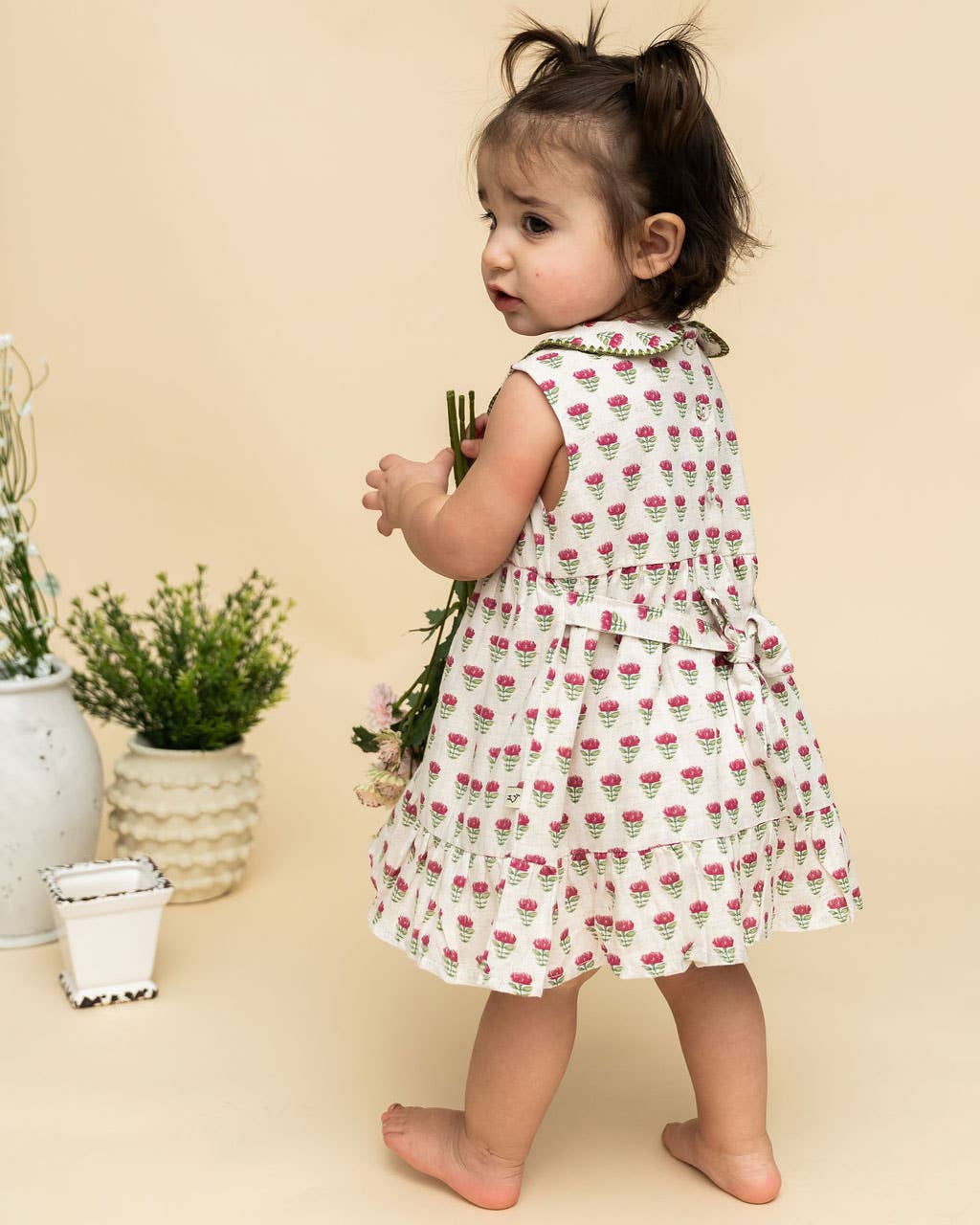 Mia Block Print Floral Baby Dress + Bloomer Linen Blend