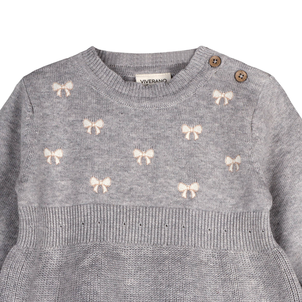 Emma Bow Balloon Sleeve Sweater Knit Baby Dress - Organic: Heather Grey