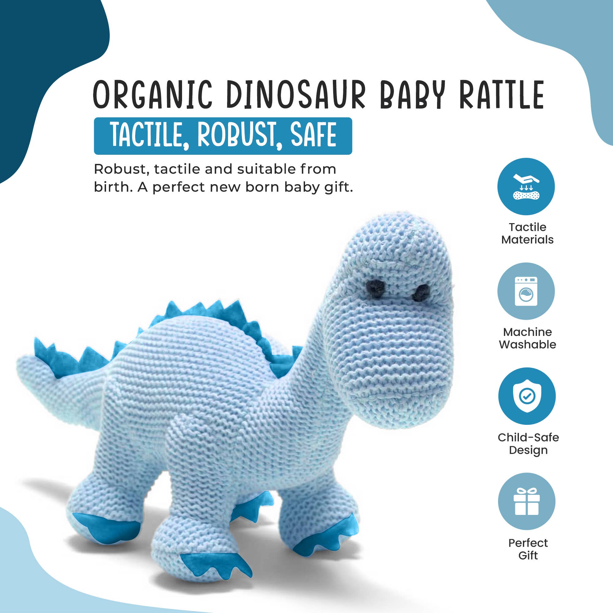 Hochet bébé dinosaure diplodocus bleu tricoté en coton biologique
