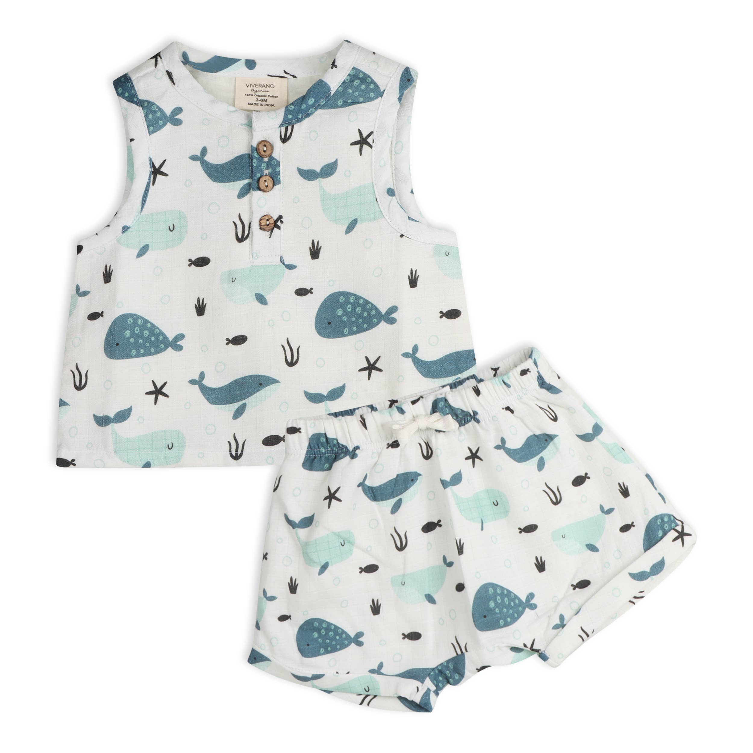Whales Baby Top + Shorts Organic Muslin)