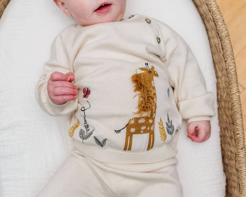 Giraffe Embroidered Knit Baby Pullover Sweater Organic