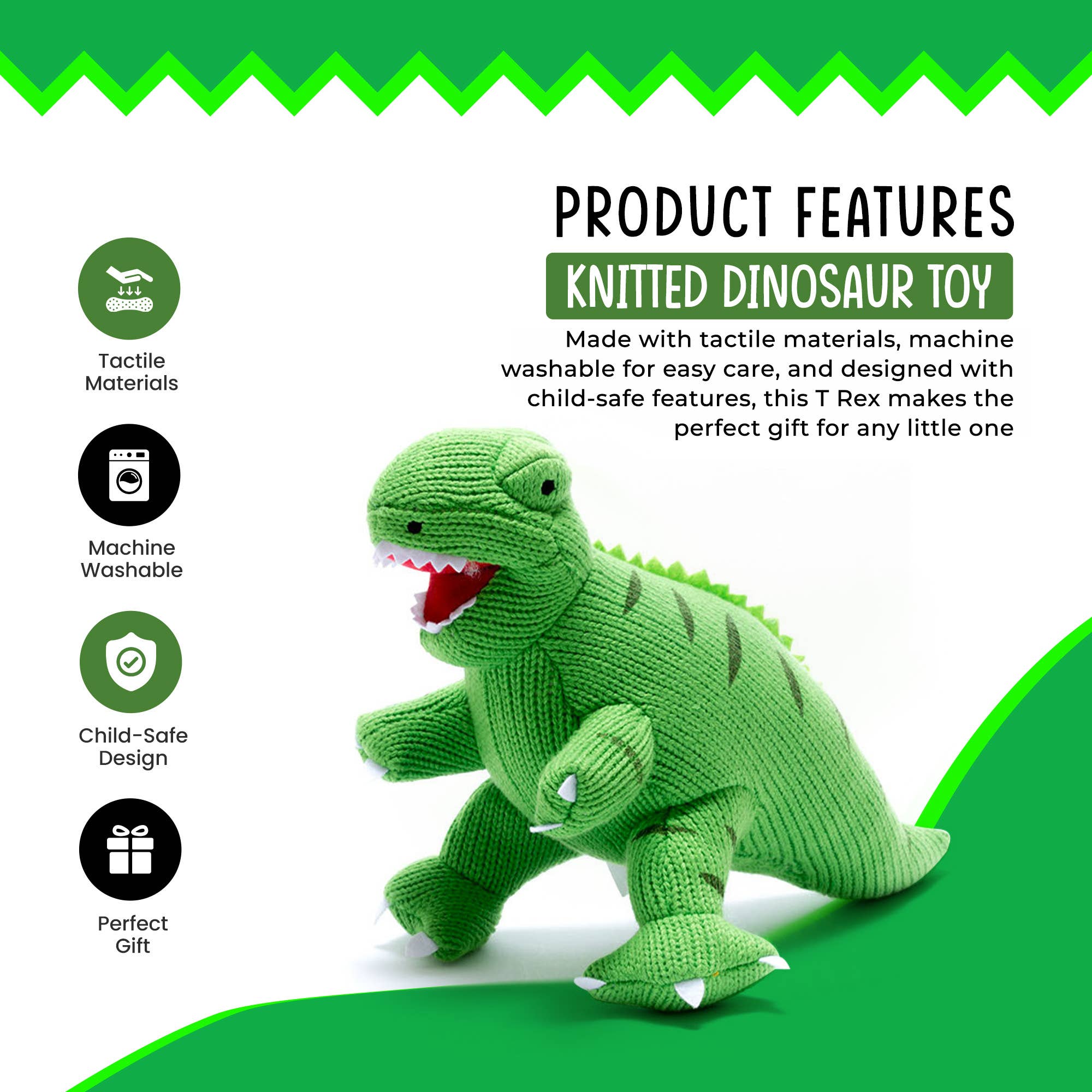 Knitted Green T Rex Dinosaur Soft Toy Teddy