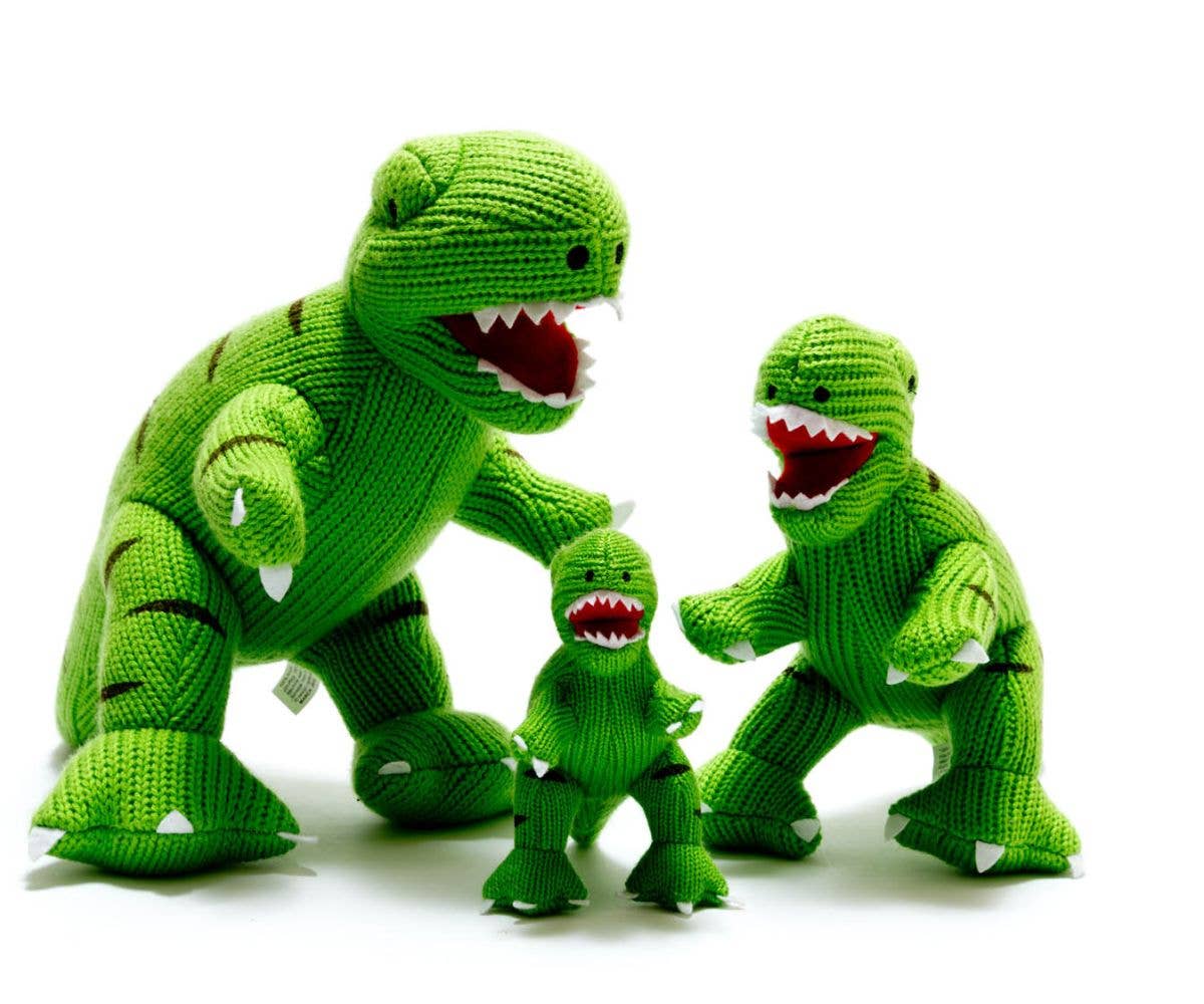 Knitted T Rex Dinosaur Baby Rattle Green