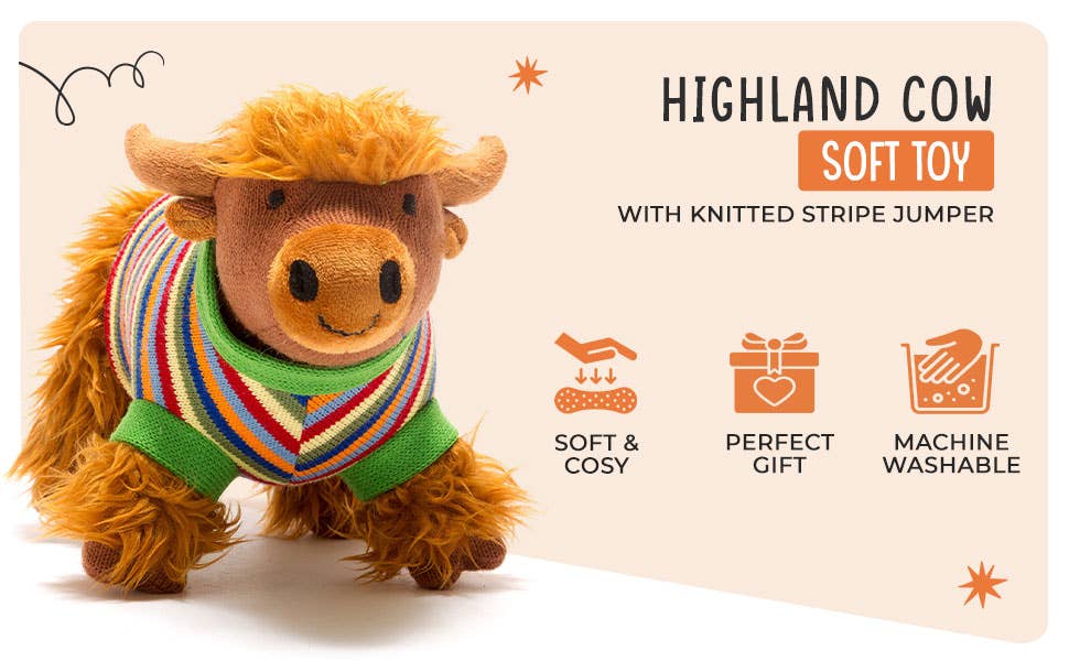 Knitted Highland Cow Soft Toy in Stripe Jumper