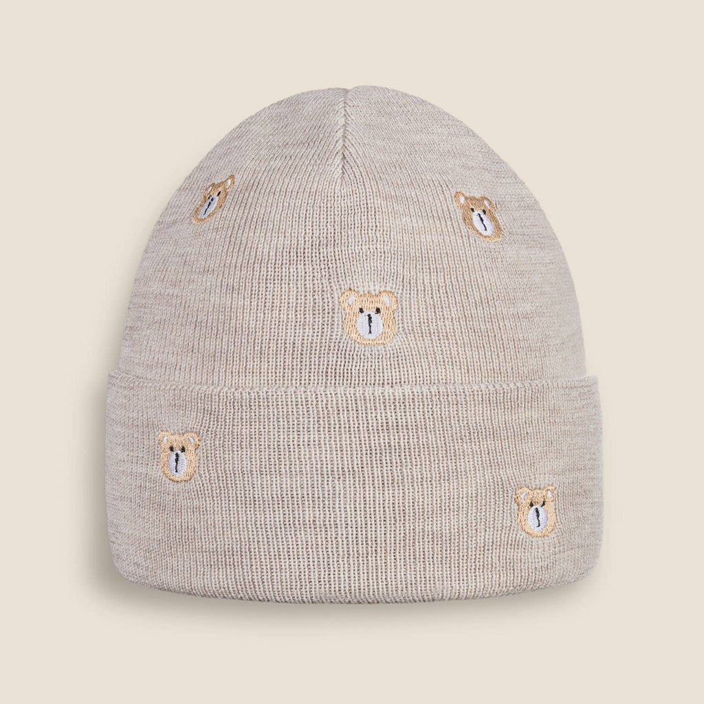 Kids 100% Merino Wool Beanie – LITTLE BEAR | Embroidered Beige
