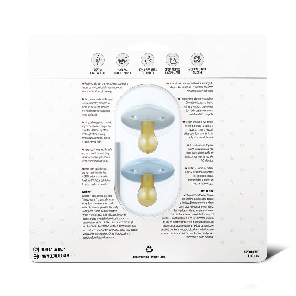 Luladream Pacifiers - Natural Rubber Nipple: Ash Blue + Sky Blue + Clips