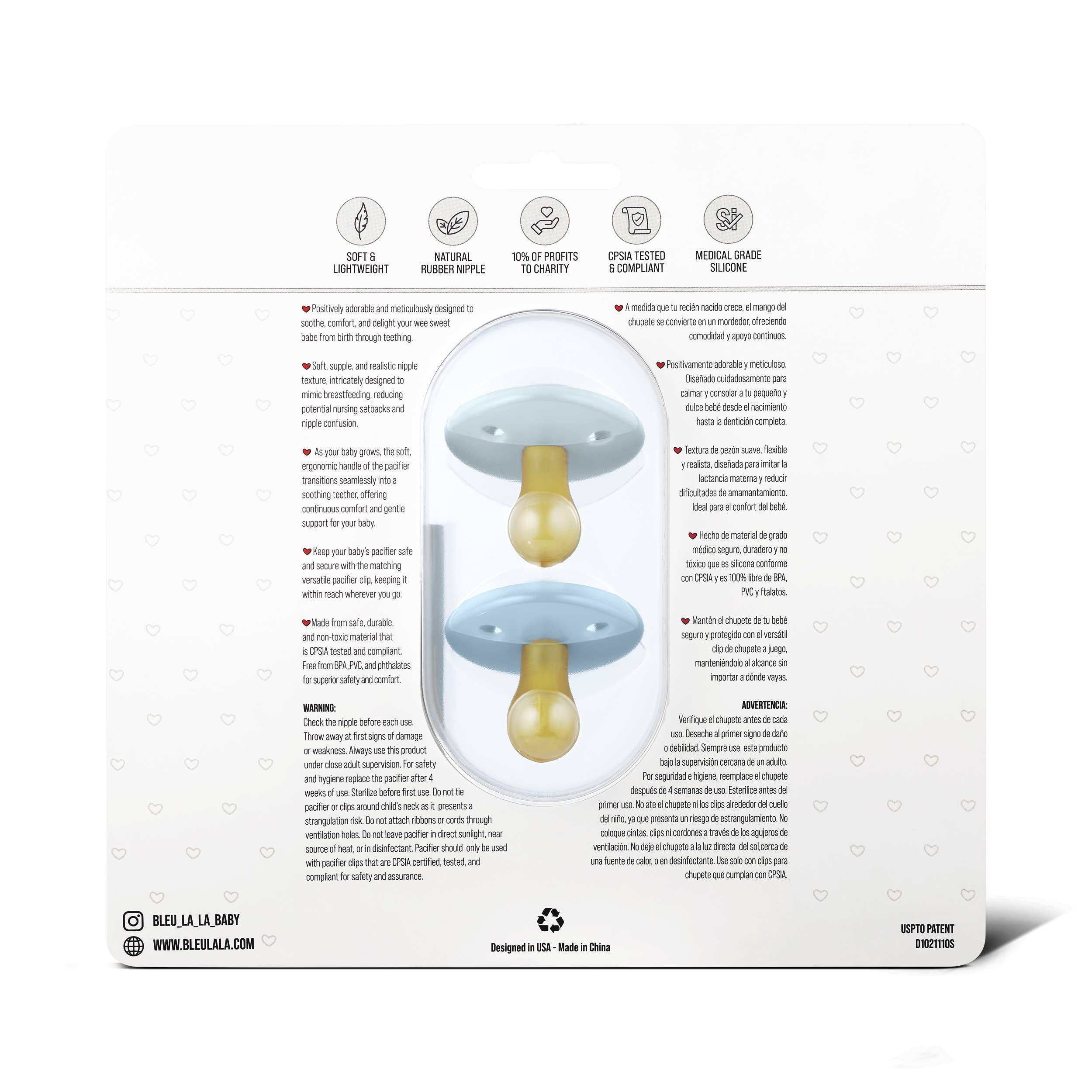 Luladream Pacifiers - Natural Rubber Nipple: Ash Blue + Sky Blue + Clips