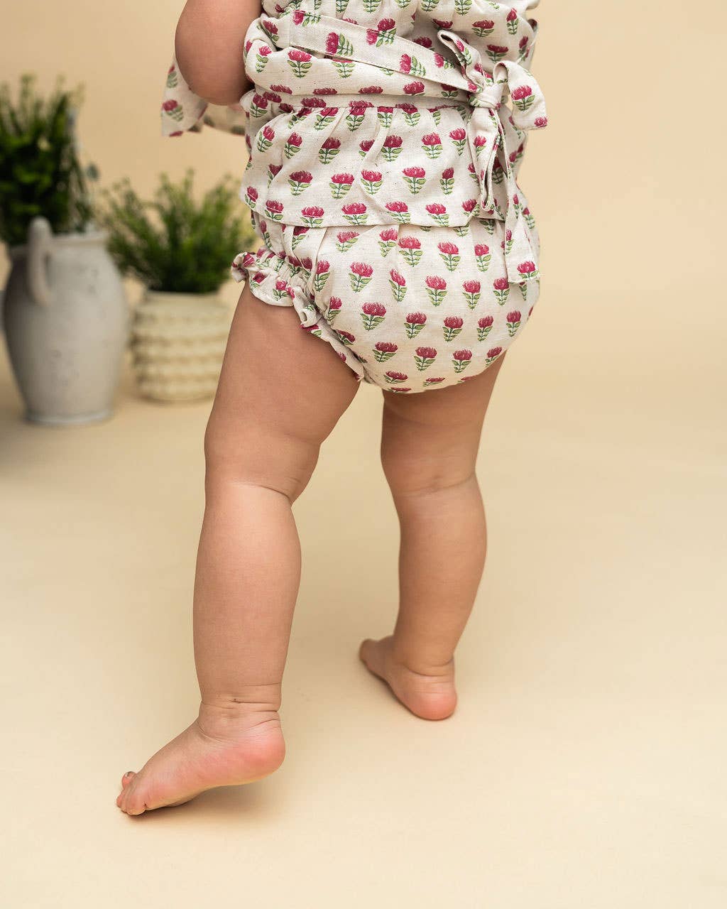 Mia Block Print Floral Baby Dress + Bloomer Linen Blend