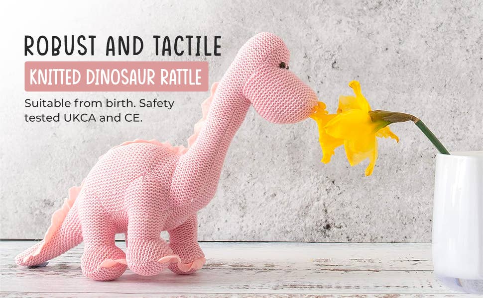 Hochet dinosaure diplodocus rose en coton biologique tricoté