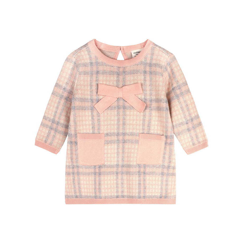 Sophie Bow Checkered Sweater Knit Baby Dress -Organic Cotton: Rosewood Pink / 3-6M
