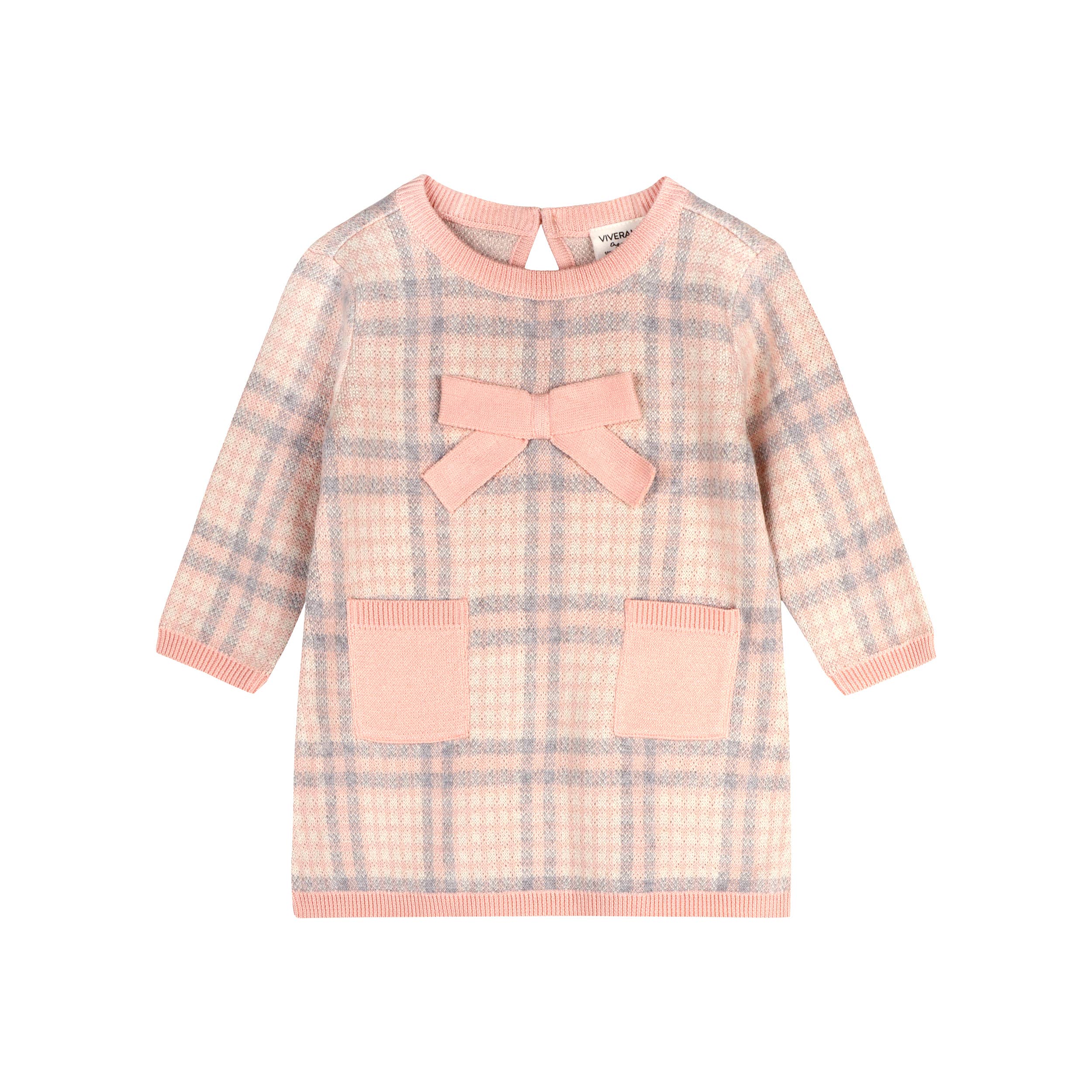 Sophie Bow Checkered Sweater Knit Baby Dress -Organic Cotton: Rosewood Pink / 3-6M