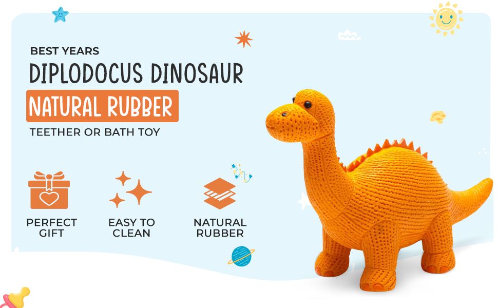 Rubber Orange Diplodocus Dinosaur Toy, Bath Toy and Teether