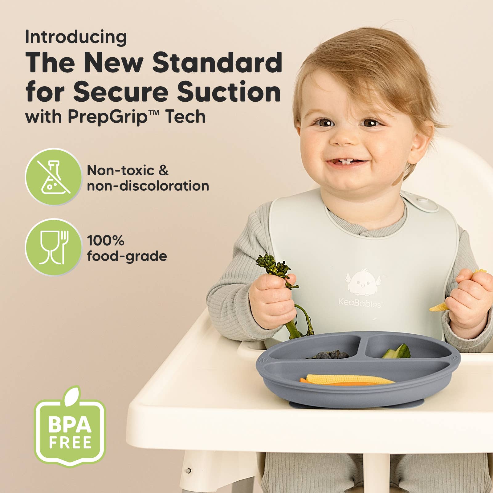 3-Pack Prep Suction Plates for Baby, BPA-Free Silicone Plate: Slate