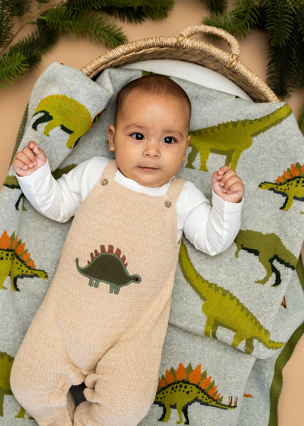 Dino Embroidered Baby Knit Overall Set (Organic): Oatmeal Heather / 12-18M