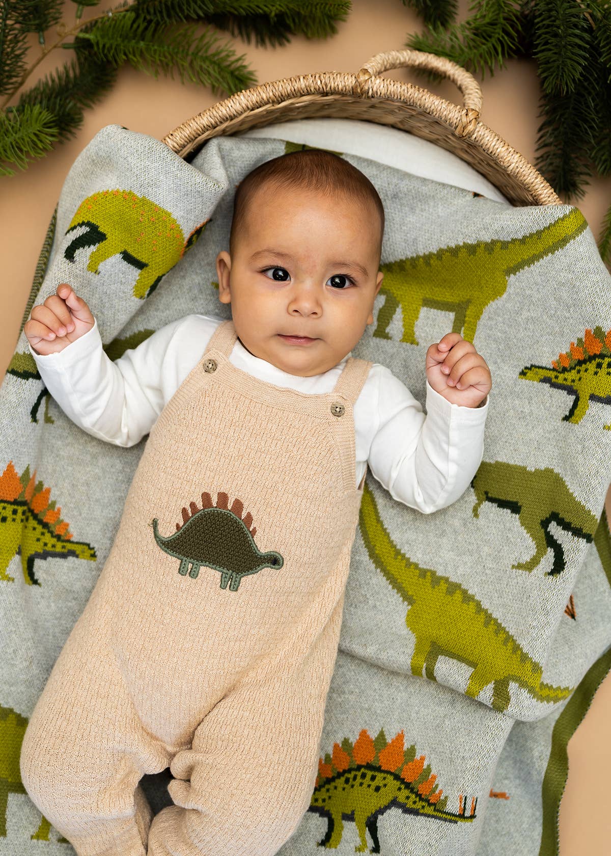 Dino Embroidered Baby Knit Overall Set (Organic): Oatmeal Heather / 12-18M