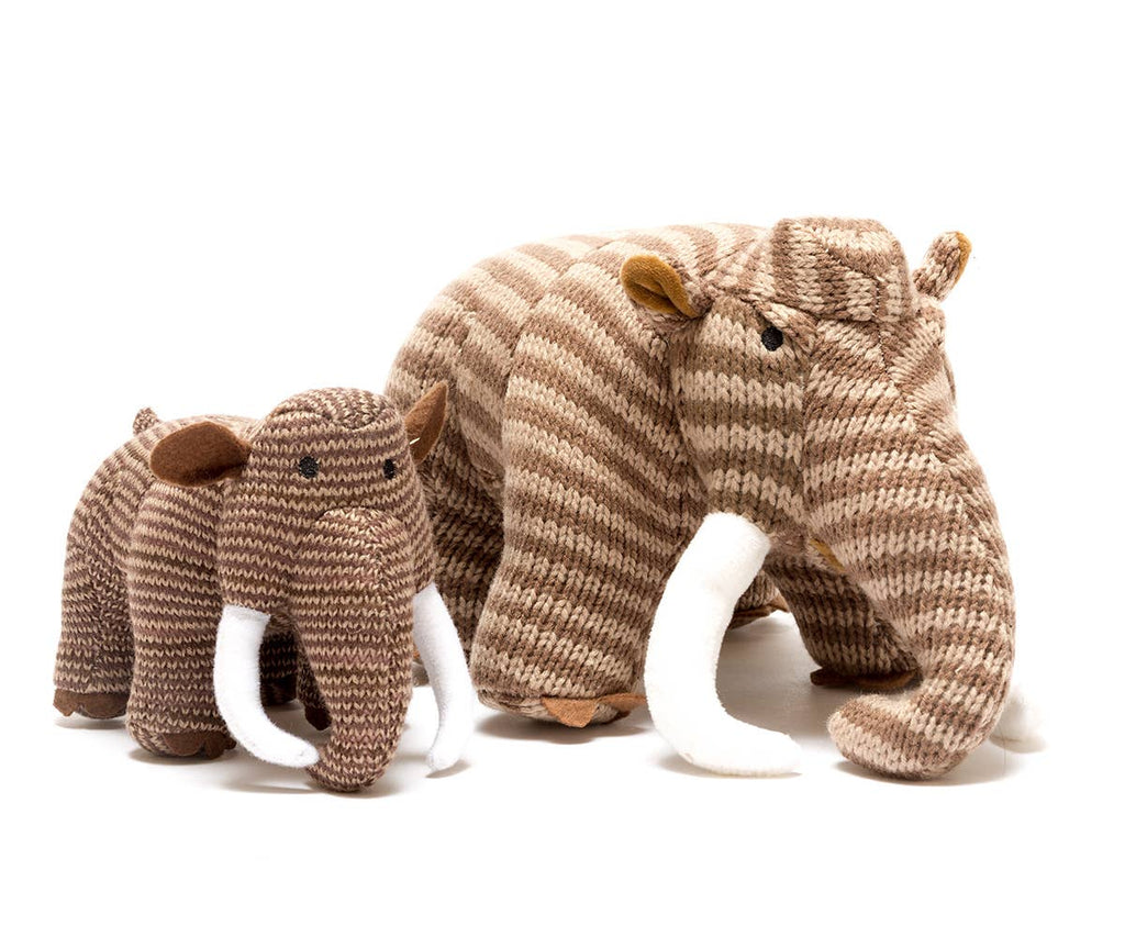 Knitted Woolly Mammoth Dinosaur Baby Rattle Brown stripes