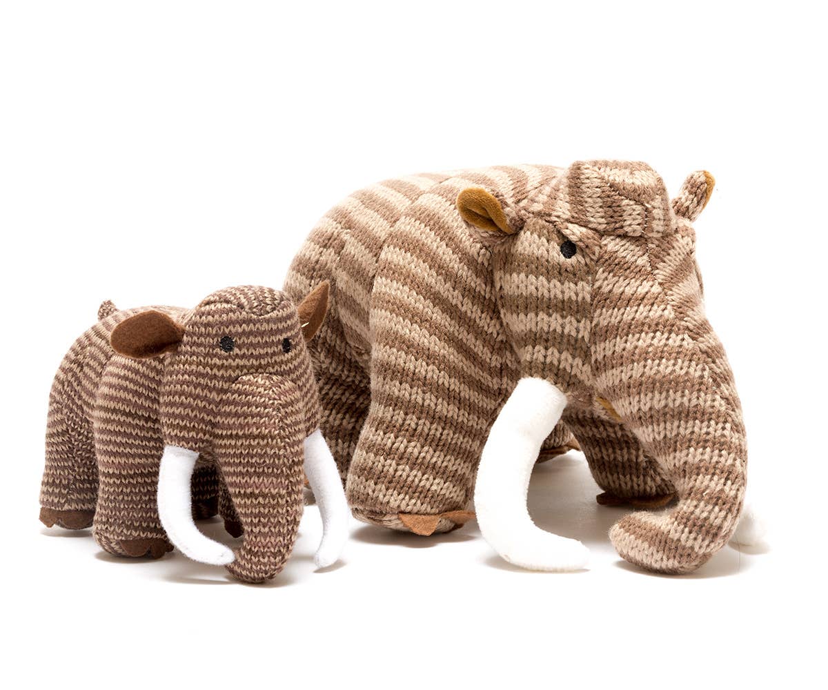 Knitted Woolly Mammoth Dinosaur Baby Rattle Brown stripes