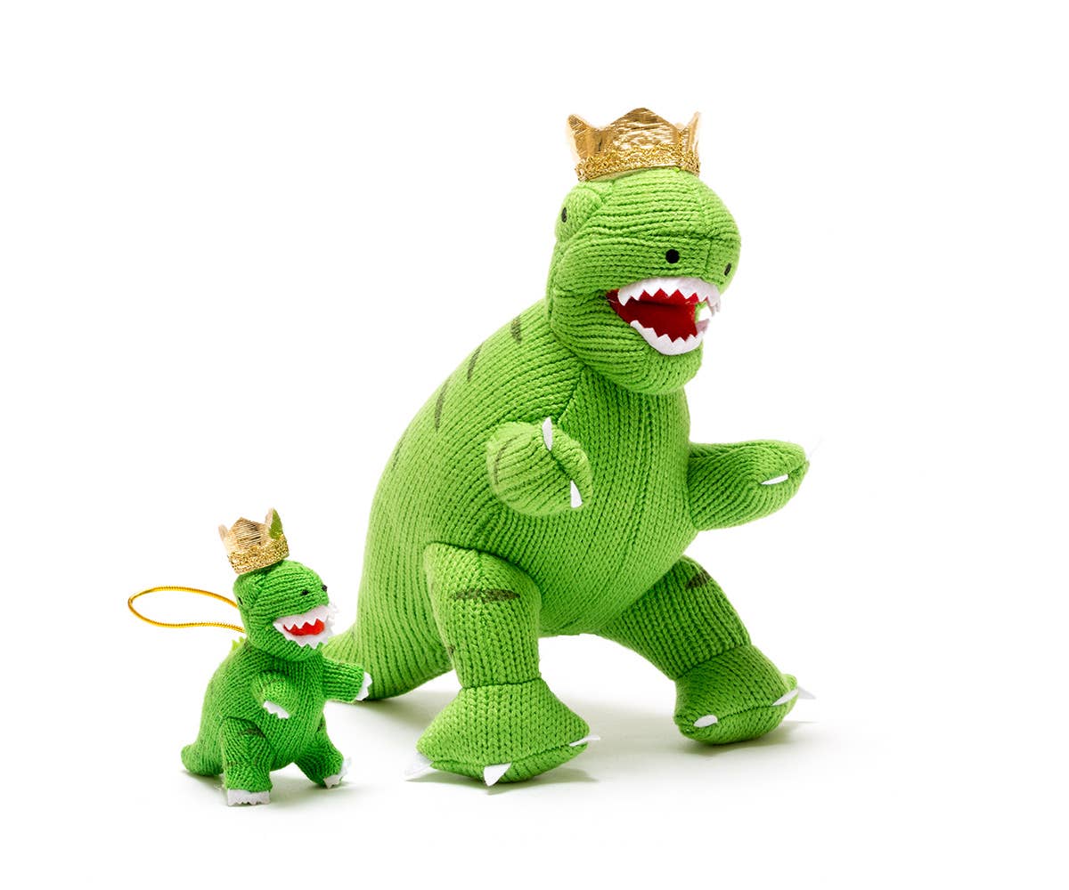 Knitted King T Rex Dinosaur with Crown Green Plush Toy
