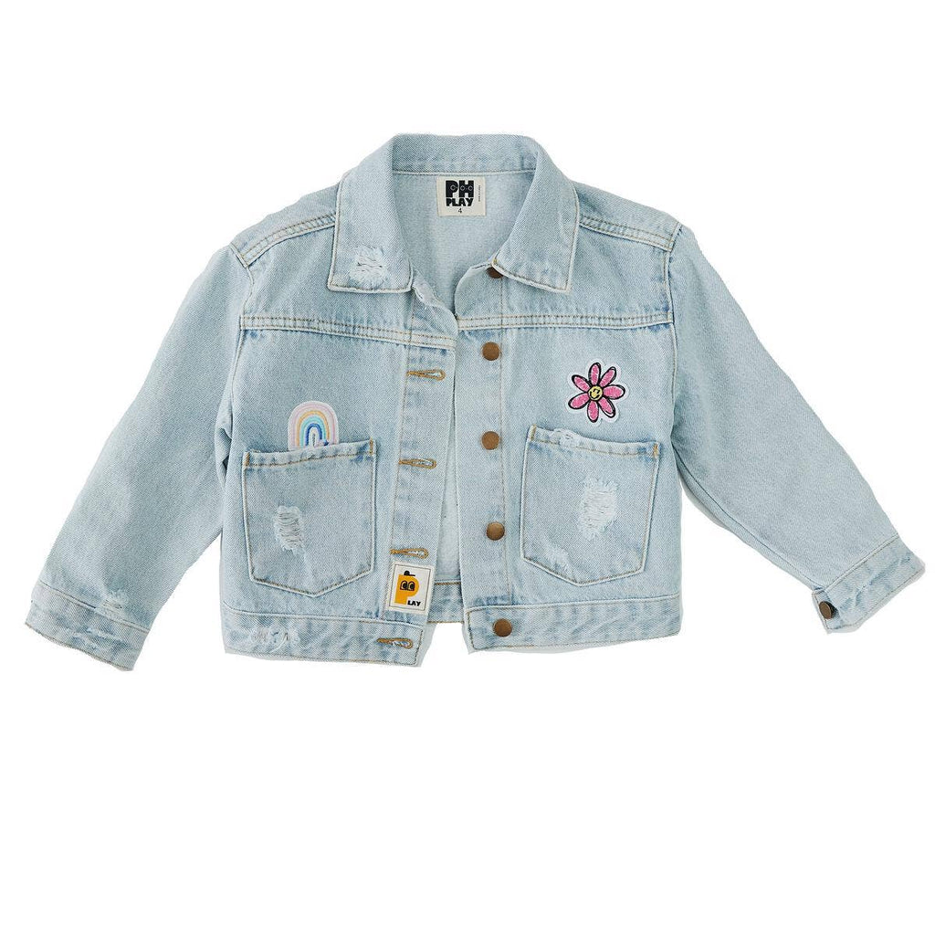 Patched Denim Jacket - Collared Neckline: Mermaid
