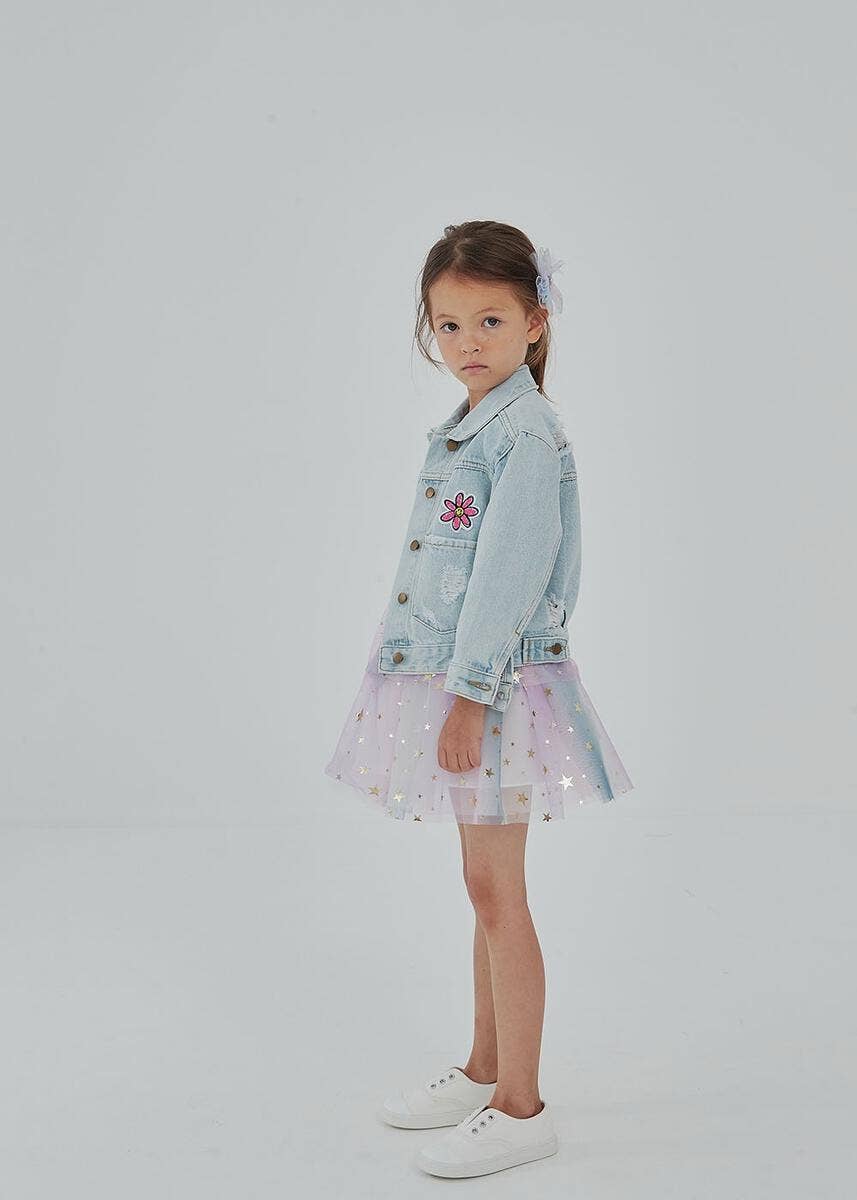 Patched Denim Jacket - Collared Neckline: Mermaid