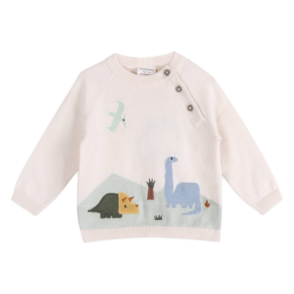 Dino Jacquard Baby Knit Pullover Organic Cotton: Natural