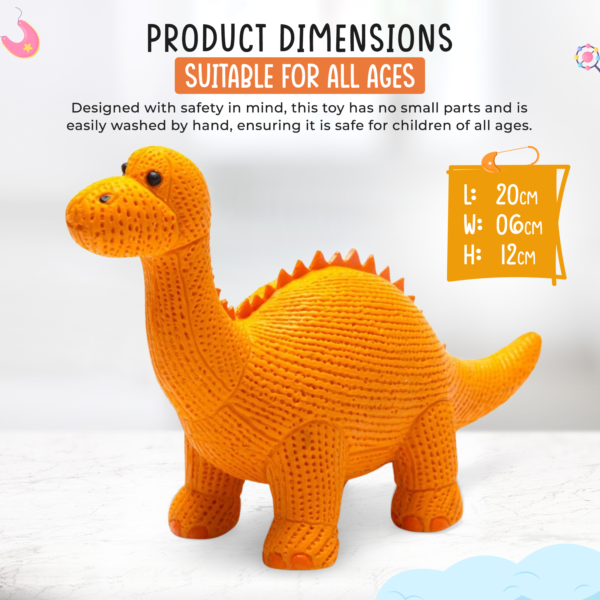 Jouet dinosaure Diplodocus orange en caoutchouc, jouet de bain et anneau de dentition