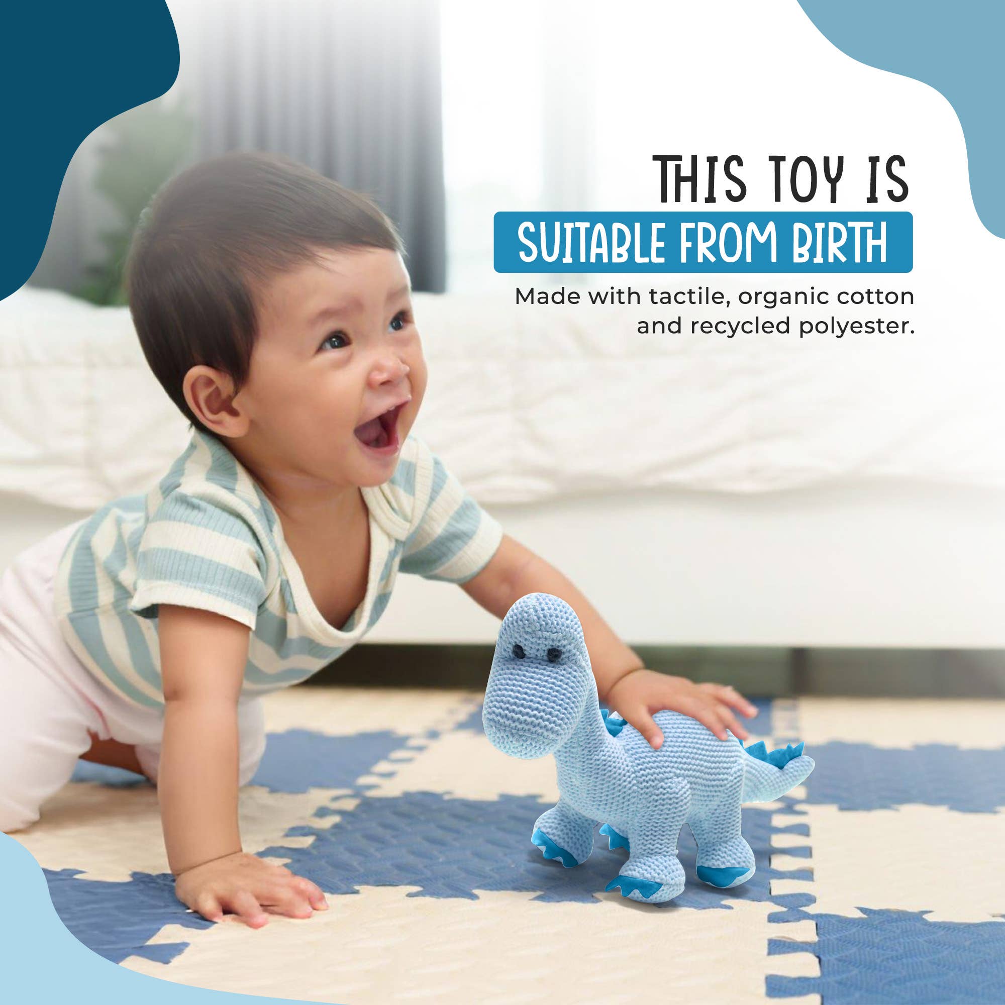 Hochet bébé dinosaure diplodocus bleu tricoté en coton biologique