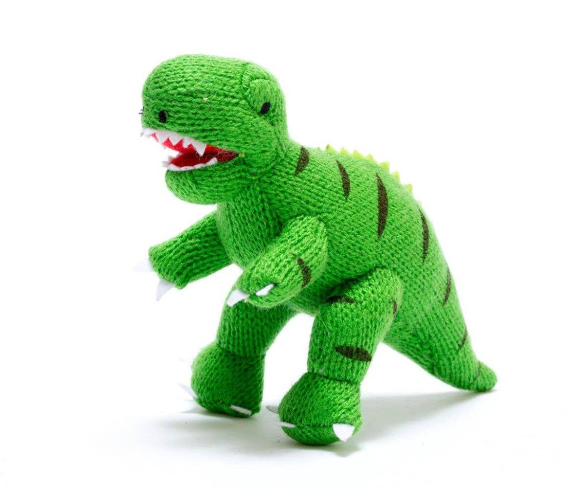 Knitted T Rex Dinosaur Baby Rattle Green