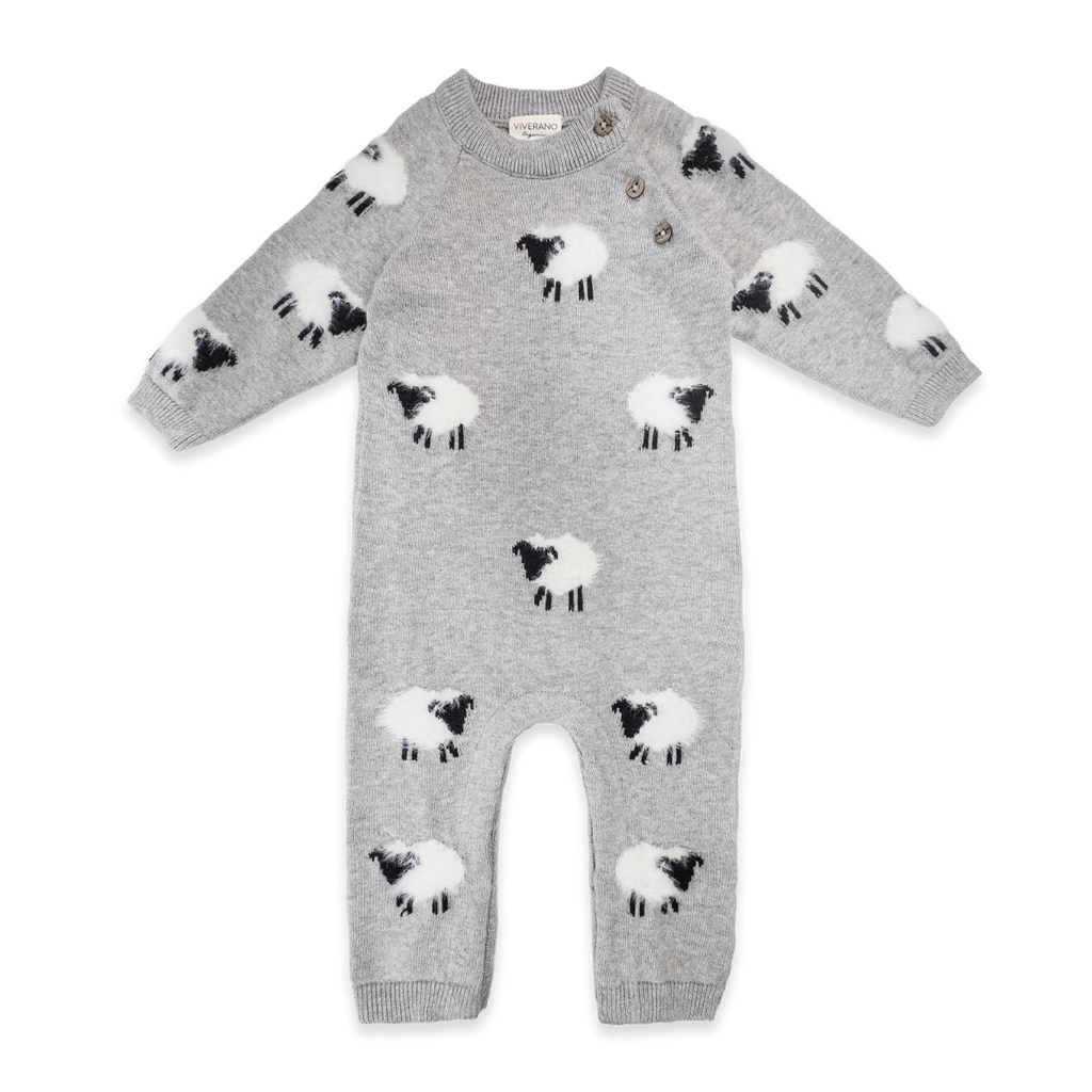 Furry Sheep 3D Jacquard Sweater Knit Baby Jumpsuit (Organic): Pewter Grey Heather / 0-3M