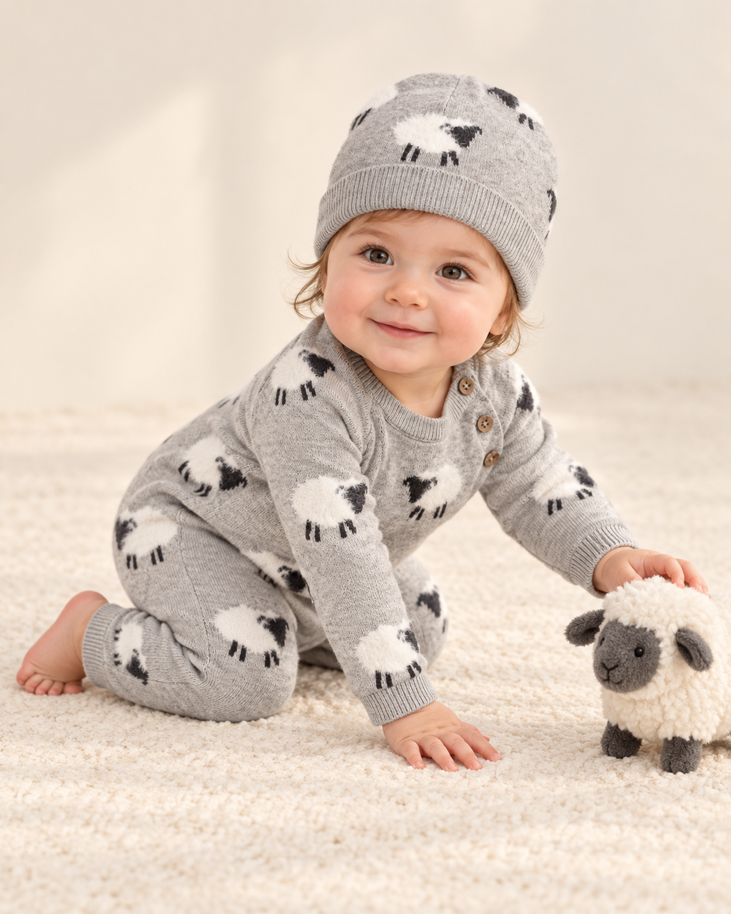 Furry Sheep 3D Jacquard Sweater Knit Baby Jumpsuit (Organic): Pewter Grey Heather