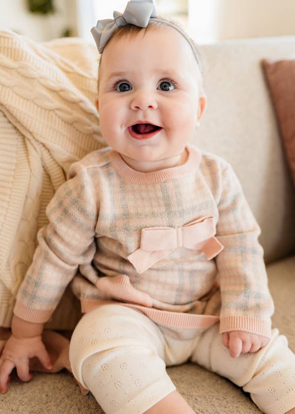 Sophie Bow Checkered Sweater Knit Baby Dress -Organic Cotton: Rosewood Pink / 3-6M