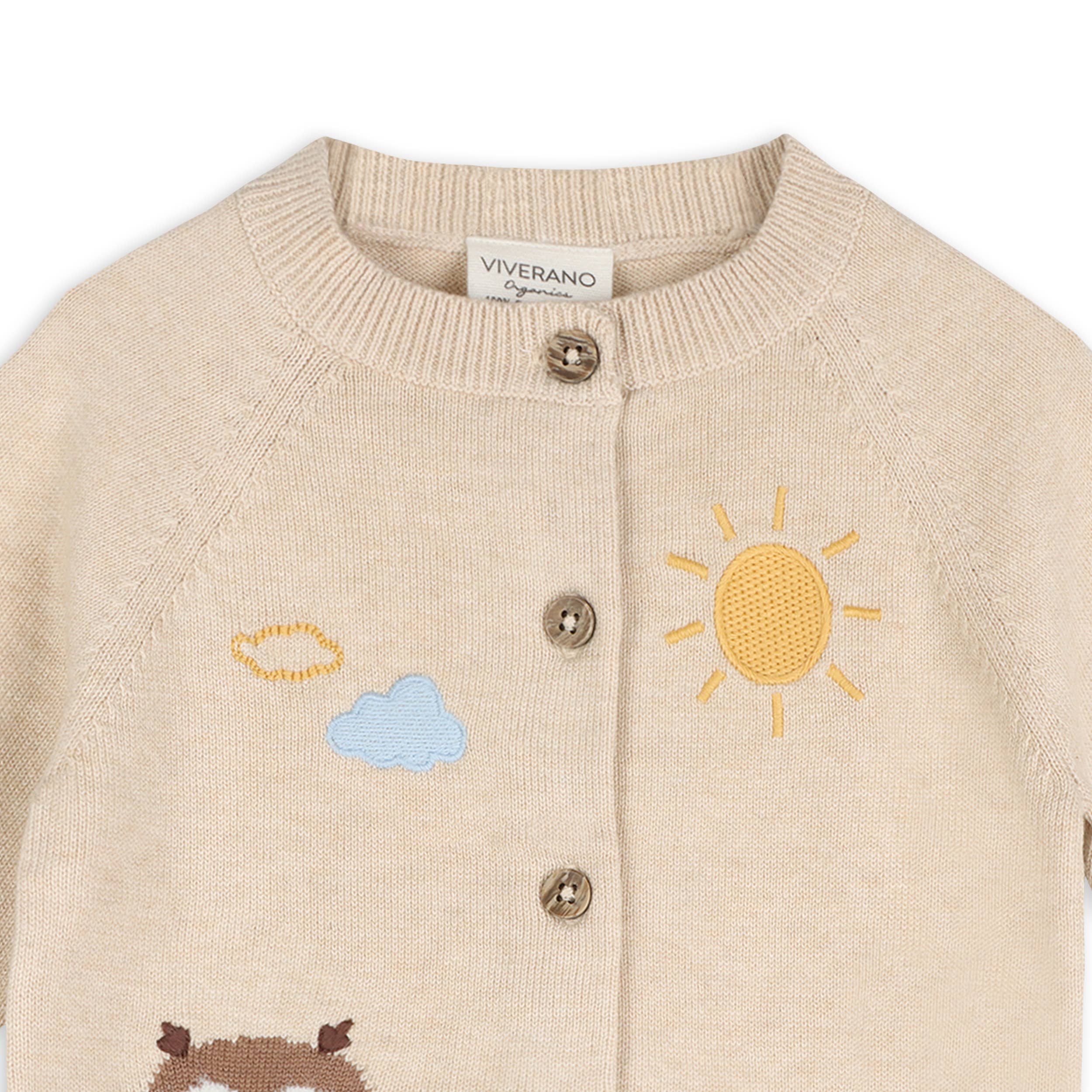 Owl Organic Cotton Embroidered Knit Baby Cardigan Oatmeal