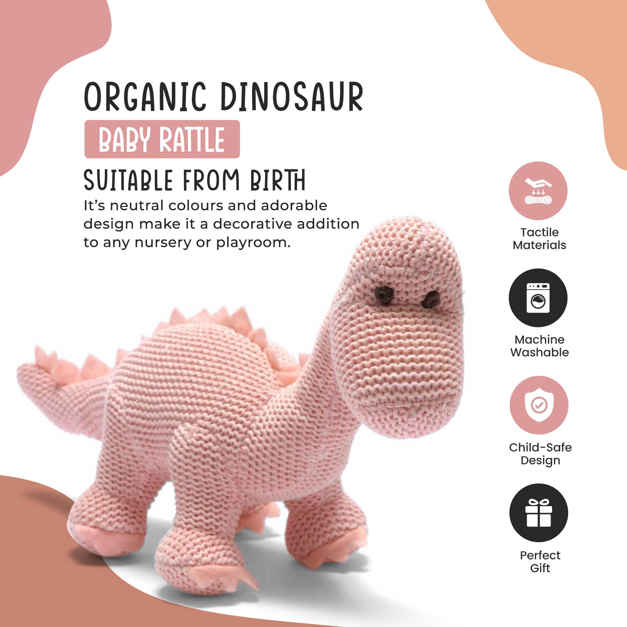 Hochet dinosaure diplodocus rose en coton biologique tricoté