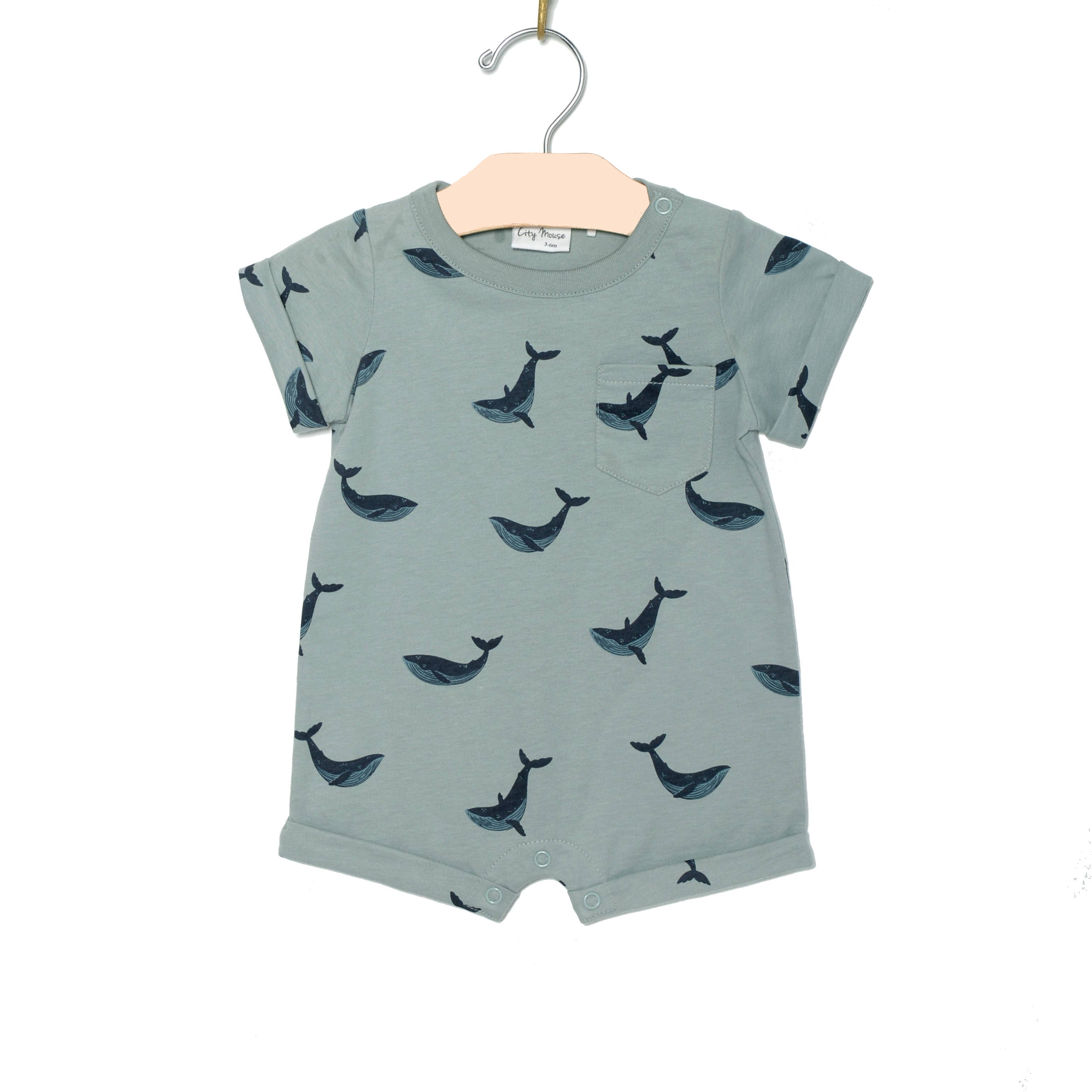Baby Spring and Summer Short Sleeve Romper- Blue Whales